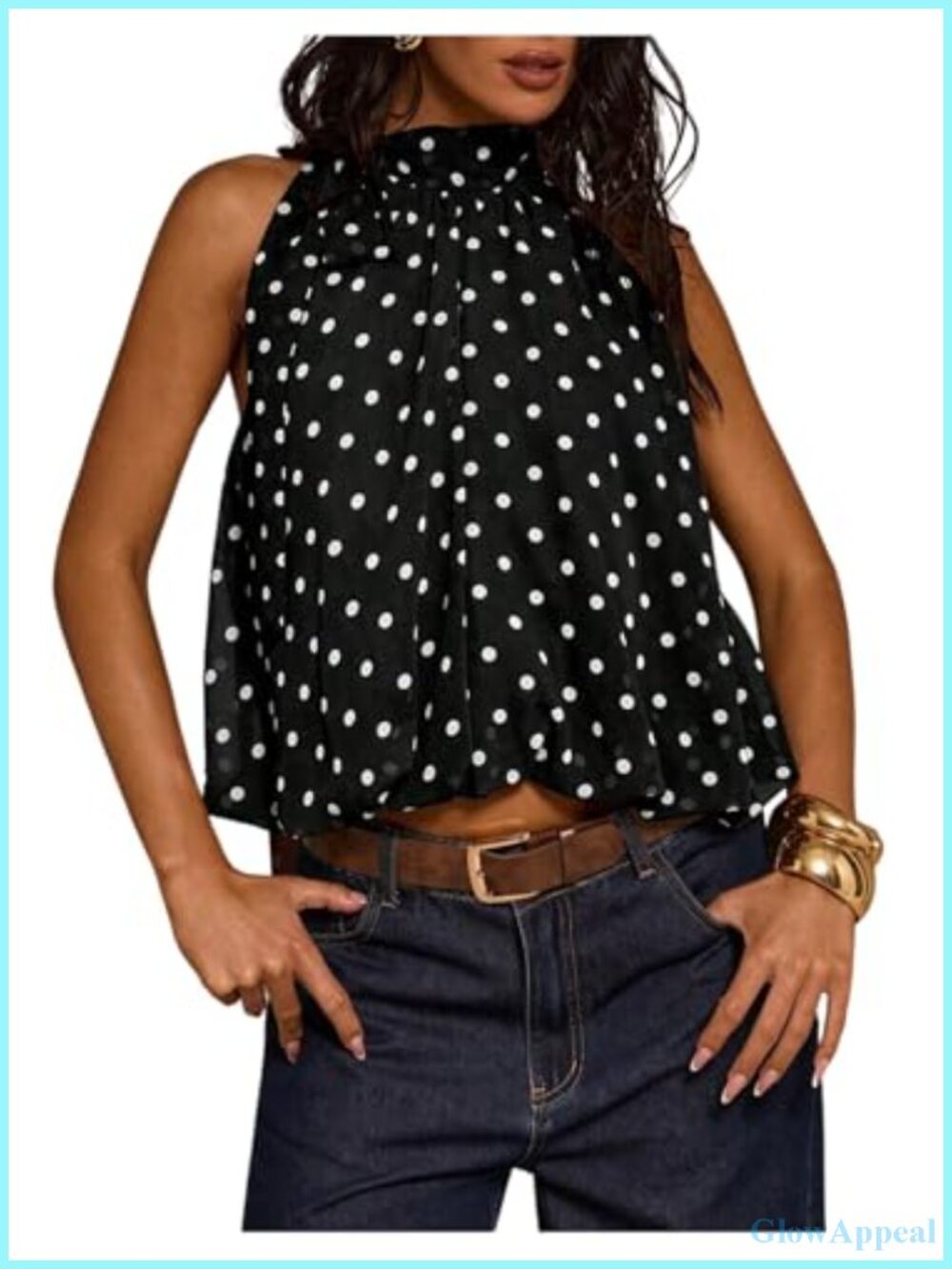 Women's Halter Top Bubble Hem Ruffle Blouse Sleeveless Polka Dot Going Out